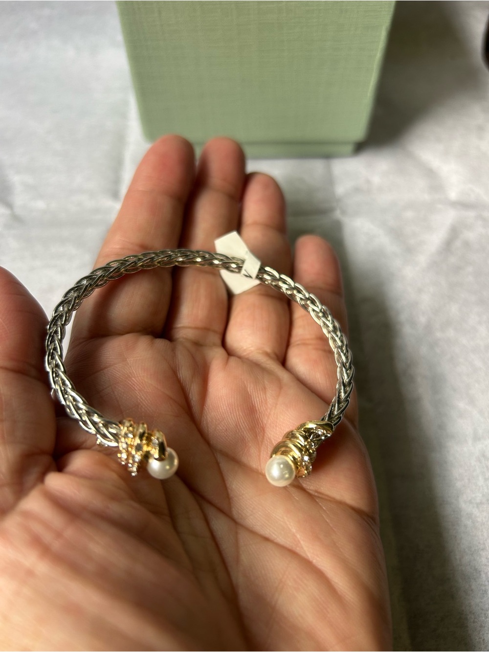Silver-Tone Braided Cuff Bracelet with Gold Pearl Caps